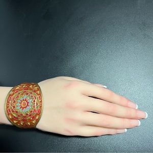 Vintage Enameled Brass Cuff Chunky Mandala Bracelet Made in India